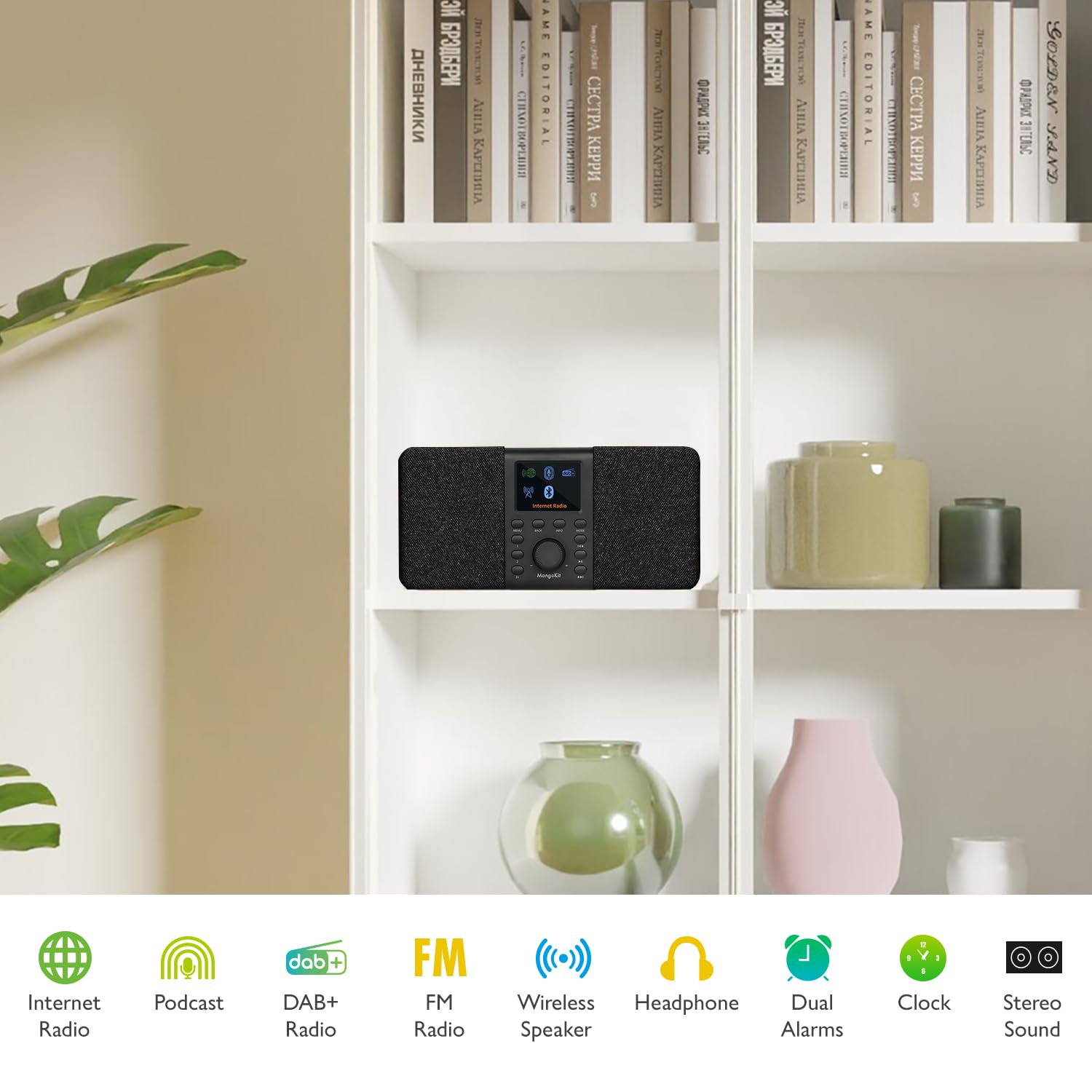 SR20 Radio Internet Stéréo avec Radio Numérique Dab/Dab+,WiFi avec Lecteur de Podcasts,Intelligente avec Bluetooth,FM,de Cuisine Secteur et Batterie,écran Couleur,Alarmes Doubles-Noir