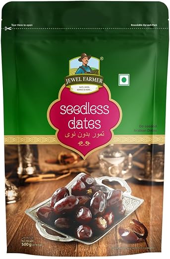 Jewel Farmer Premium Deseeded/Seedless Arabian Dates 500gm With High in Fibre &amp; Rich Source of Iron | Gluten free | No Pre...