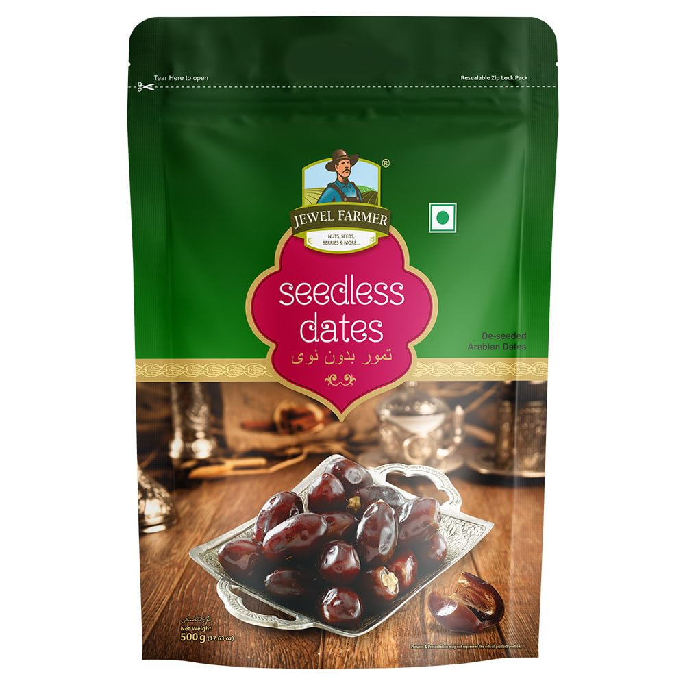 Jewel Farmer Premium Deseeded/Seedless Arabian Dates 500gm With High in Fibre & Rich Source of Iron | Gluten free | No Pre...