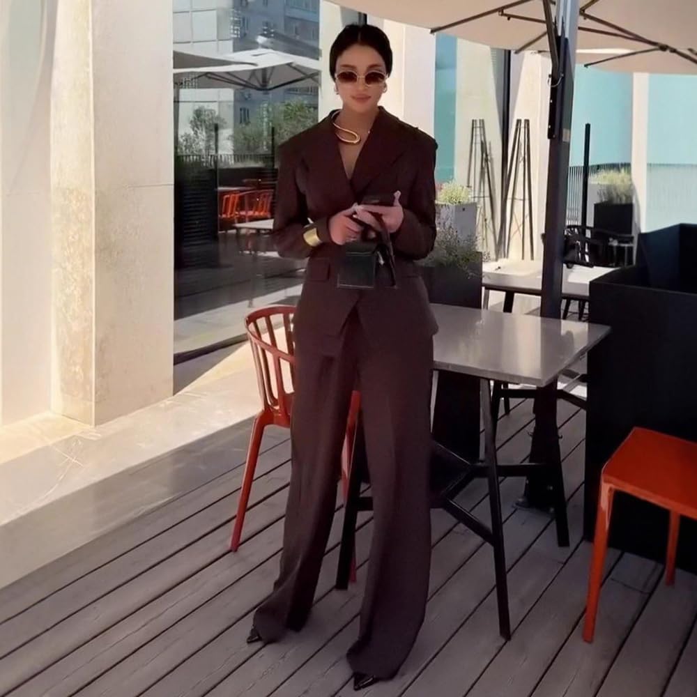 Kromoc Donna Due Pezzi Vestito Picco Risvolto Doppio Petto Bottoni Quotidiano Giacca Pantaloni Set Formale Smoking