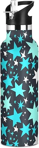 Fashion Turquoise Stars Dark Blue Leak Proof & BPA Free Reusable Water Bottles with Straw Lid Hot & Cold Double Walled Bike Running Sports Travel