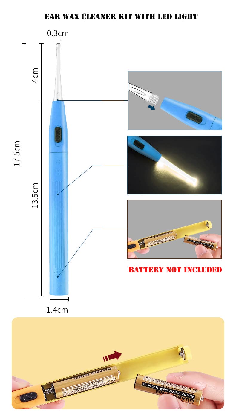 2 piezas Limpiador Orejass con Luz LED, Kit de Limpieza de Oídos Seguro para Niños y Adultos, Azul y Verde