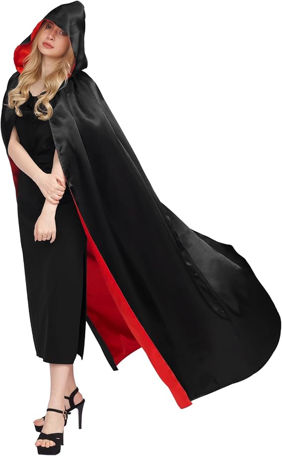 Myir JUN Black Red Cape Adult Unisex Womens Halloween Costume Robe Hooded | Halloween Costume Satin Witches Vampire Cloak Fancy Dress Up Children (S)