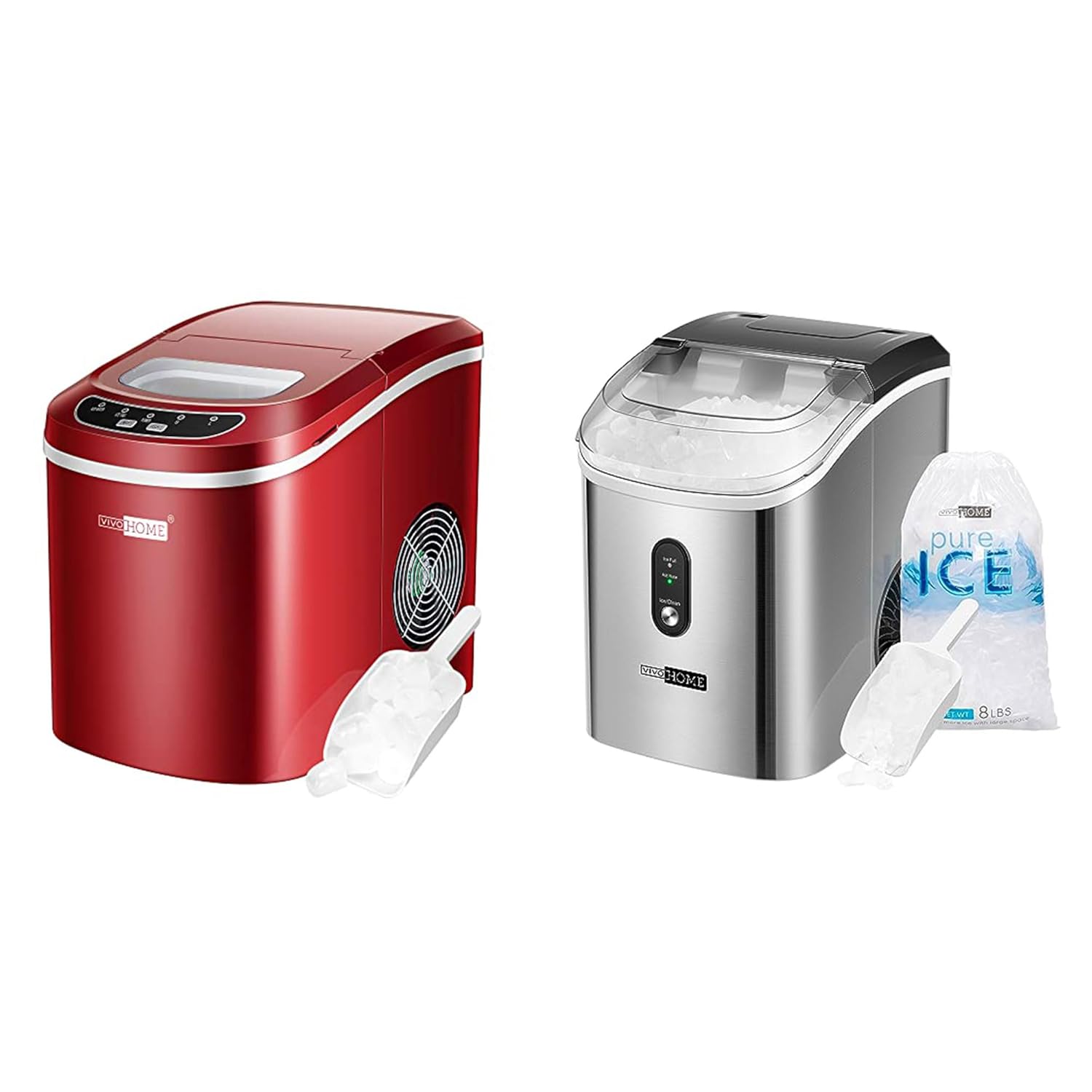 VIVOHOME Electric Countertop Automatic Ice Cube Maker with Hand Scoop and Self Cleaning Function 26lbs/Day Red and Chewable Nugget Ice Cube Maker with Hand Scoop 10 Ice Bags 33lbs/Day Silver