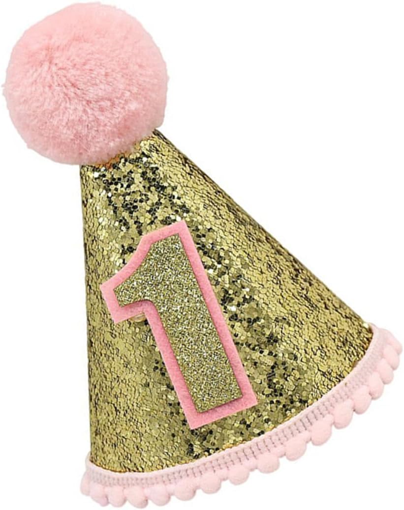 First Birthday Cone Hat Pink Glitter Party Cap Headdress for 1st Birthday Celebration Photo Prop