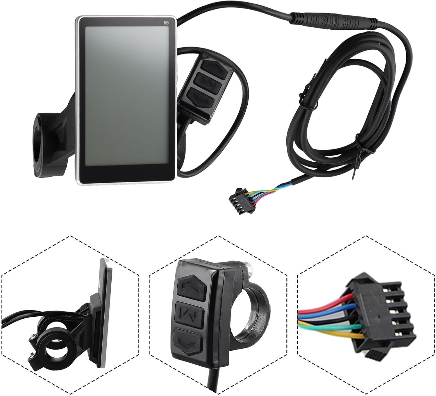 M5 Ebike LCD Display mounted on handlebars with control buttons and wiring