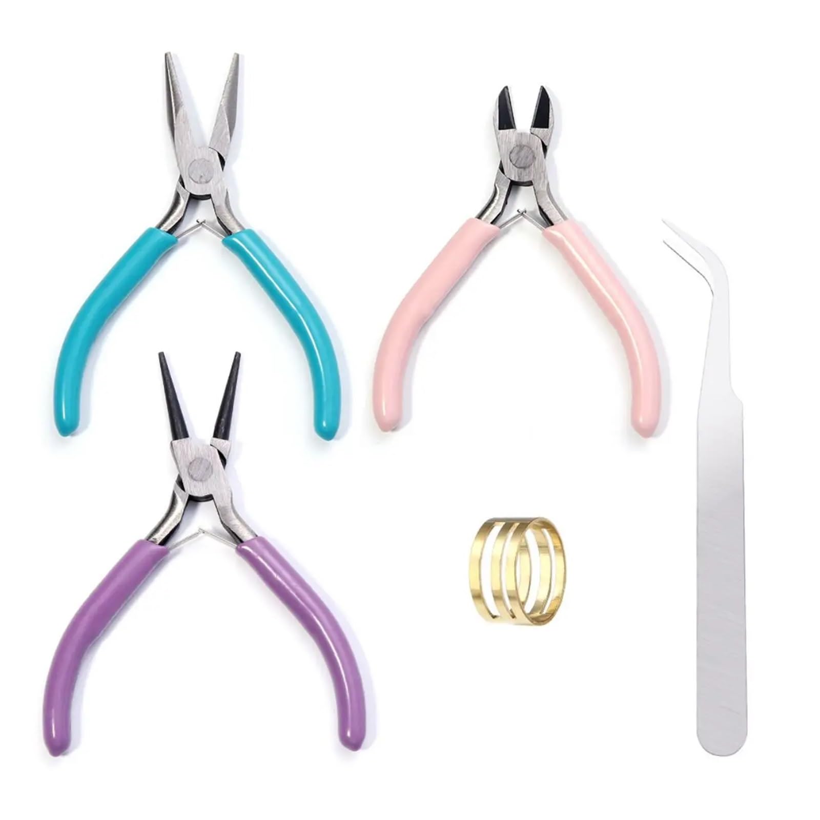 PezziPinze per Creazione Gioielli Set di pinze in metallo portatile a 3 colori, a becco tondo, pinzette, kit for lavori artigianali, perline, cucito e fai da te(5pcs)