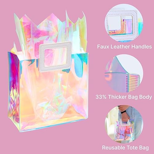Miniatura 35 de Bolsa de regalo holográfica con papel de seda, reutilizable, bolsa de regalo de cumpleaños para mujeres y niñas, iridiscente, despedida de soltera