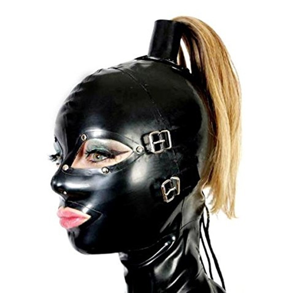 BDSM Máscara de cabeza de látex Capucha Disfraces de fetiche Restricciones eróticas Máscara extraíble para ojos y boca