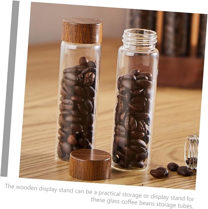 Set de 6 tubos de vidrio para café con soporte de madera miniatura 9