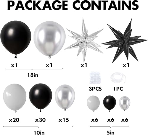 Miniatura 2 de Kit de arco de globos negros y plateados, globos de cumpleaños de 5, 10 y 18 pulgadas, kit de guirnalda metálica plateada negra y gris con 2 globos