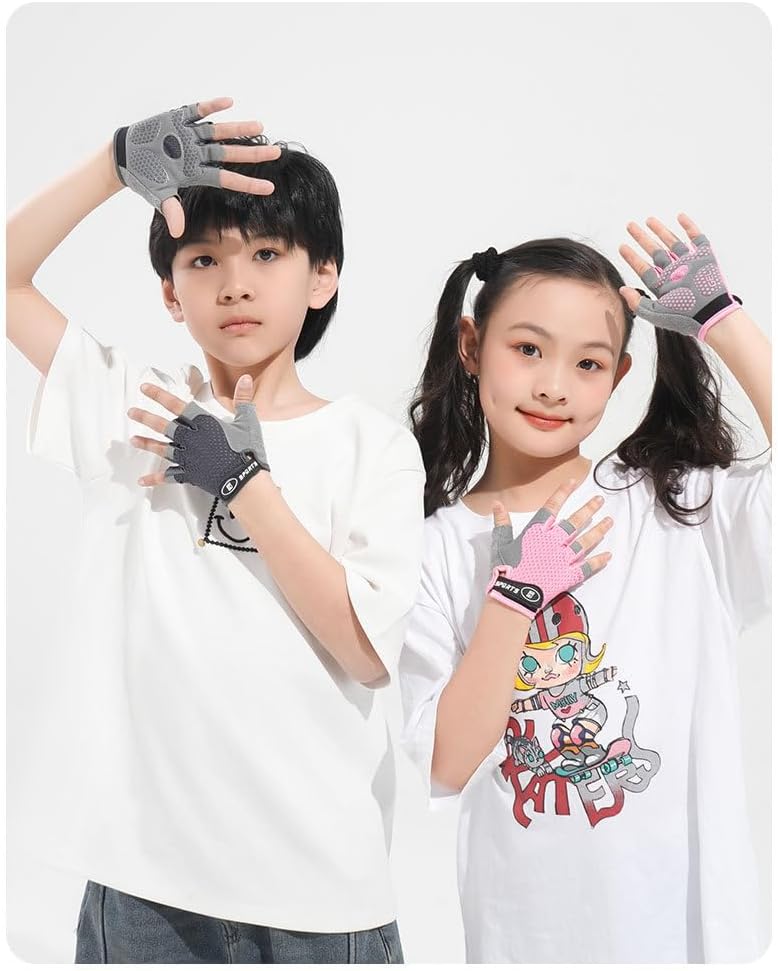 Miniatura 8 de Guantes de ciclismo para niños y niñas de 5 a 9 años de edad, color rosa con medio dedo, antideslizantes, con relleno, antideslizantes, sin dedos