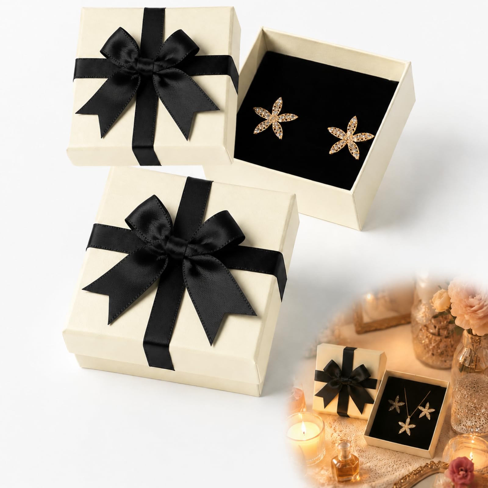2 Pack Small Gift Boxes, Cream White Jewellery Gift Boxes with Black Ribbon Bow, 9 x 9 x 4 cm (3.54 x 3.54 x 1.57 in), Present Boxes for Necklaces, Bracelets, Rings and Earrings