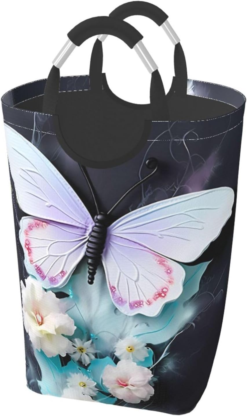 White Butterfly Foldable Square Storage Bag, 50L Dirty Clothes Laundry Basket, Suitable for Laundry Room, Dormitory, Bedroom