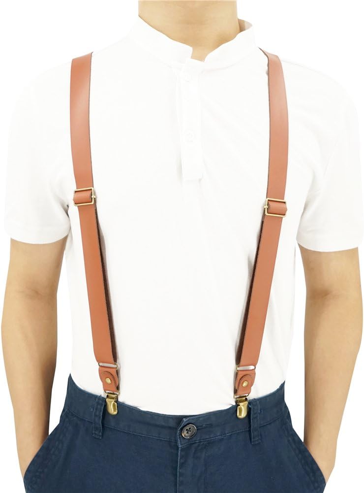 1 Inch Wide Suspenders for men,Soft Cattlehide Split Cow Leather,England Style, Y-shaped Adjustable 4 Braces Clips