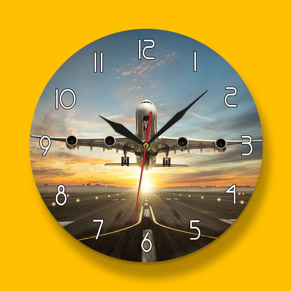 The Geeky Days Airplane Wall Clock Huge Two Storeys Commercial Jetliner Silent Quartz Printed Wall Clock Commercial Airplane Taking of Runway in Dramatic Sunset Light Modern Home Decor
