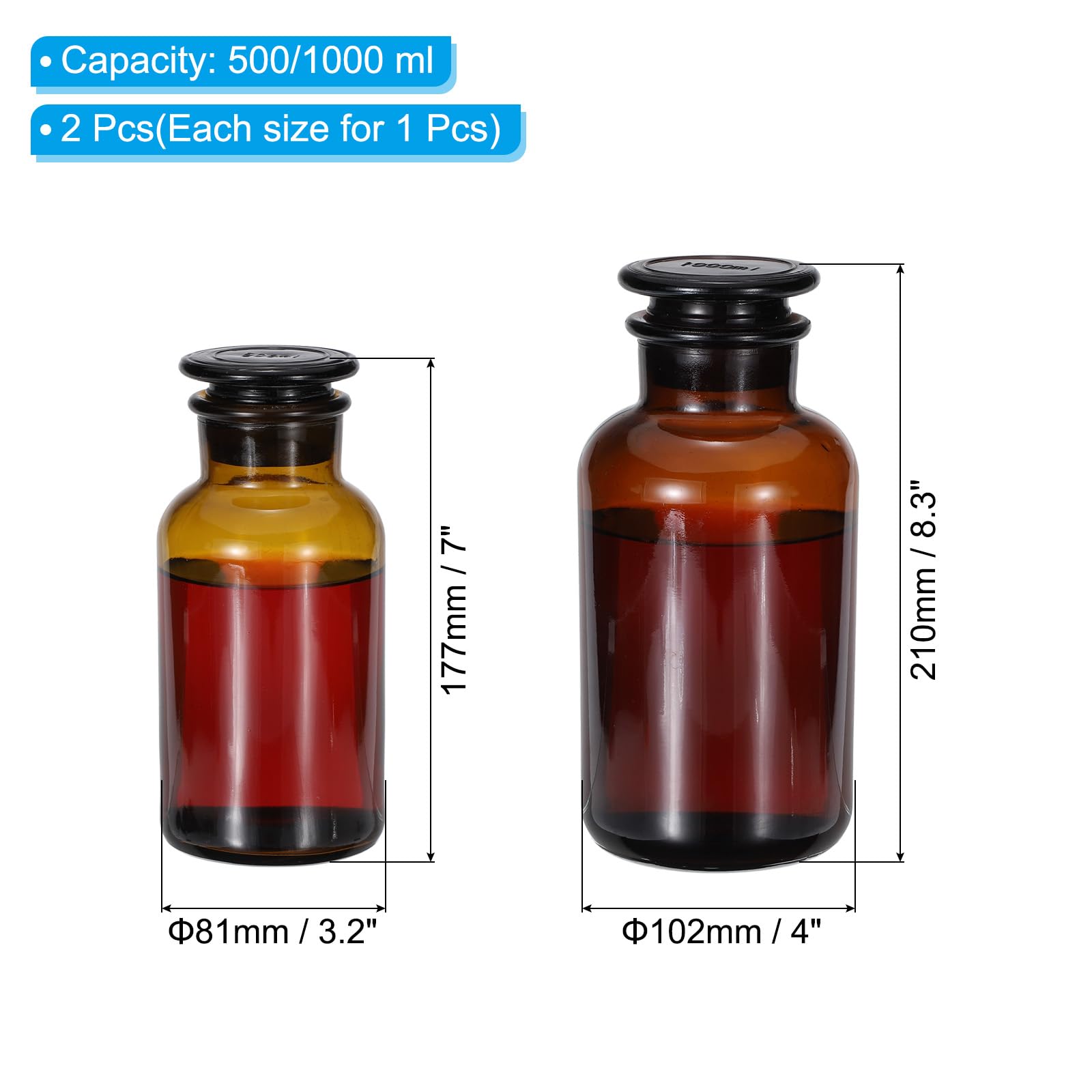PATIKIL Botella de reactivo, 2 piezas de 500/1000 ml de vidrio de boca ancha para almacenamiento de medios de reactivo con tapón de tierra de vidrio para líquidos de reactivo de agua, química,