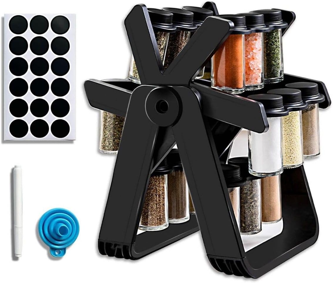 Ferris Wheel Rotating Spice Rack Organizer, 18 Pack Glass Jars with Labels, 360° Revolving Spice Storage for Countertop, Space-Saving Seasoning Stand for Kitchen Cabinet or Pantry, Black