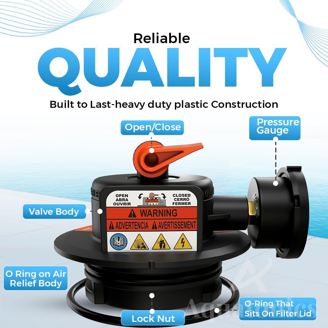 Replacement DEX2420MAR2 Manual Air Relief Valve Assembly with Pressure Gauge and O-Rings - Compatible with Hayward Pro Grid DE Filters, SwimClear Cartridge Filters - Durable Pool Filter