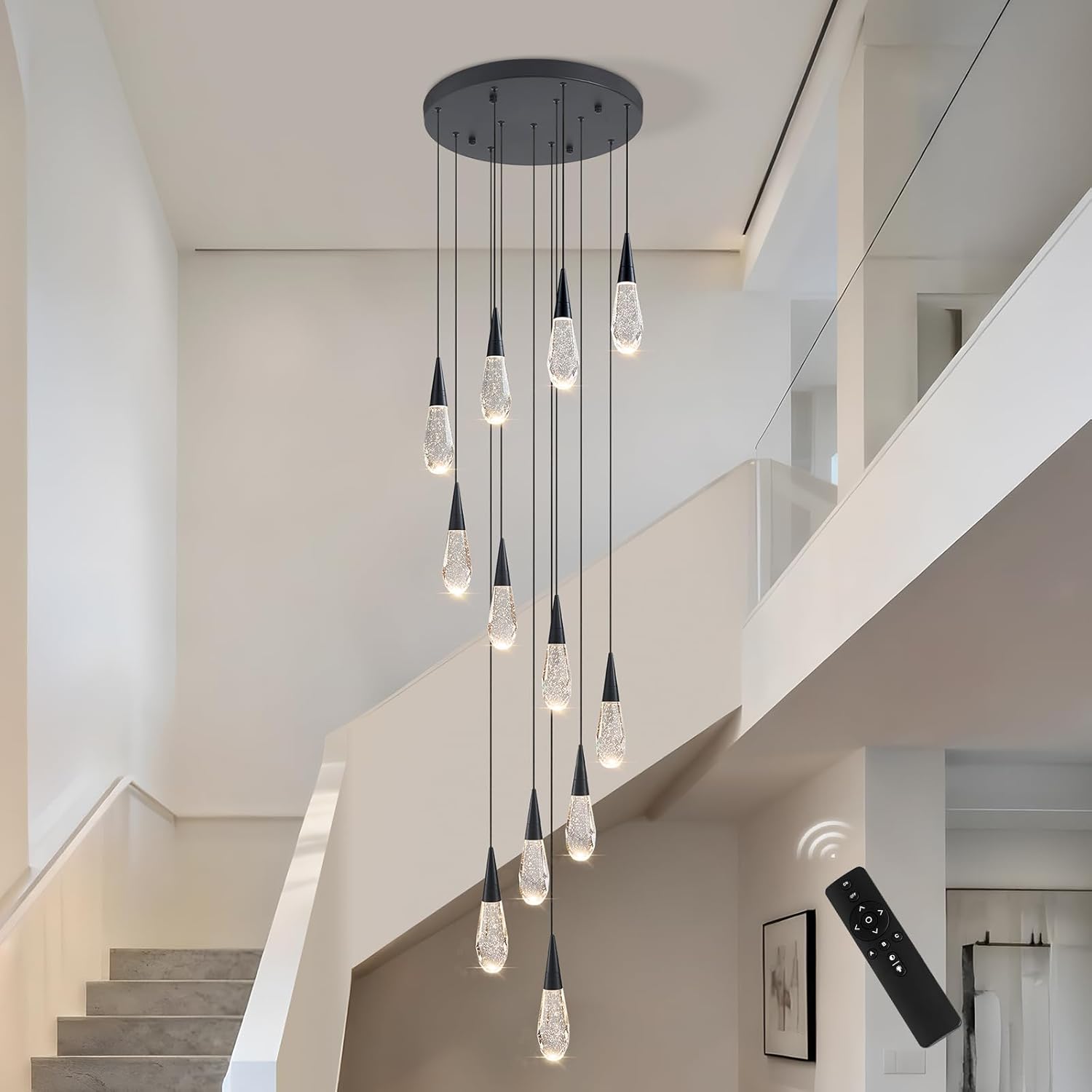 Modern Raindrop Crystal Chandeliers Long Pendant Light 3-Way Dimmable High Ceiling Bubble Ball Lighting Fixture for Staircase Kitchen Island Foyer Entryway Bedroom (Black, 12-Light)