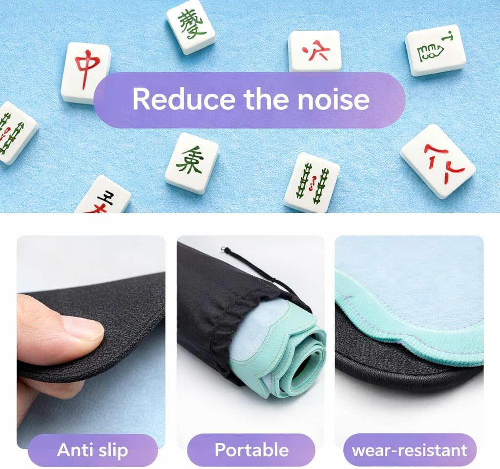 Mahjong Mat for Table with Black Carrying Bag, Anti-Slip, Noise-Reducing Table Cover for Mahjong Poker Board Games Dominoes Card Games (Blue) (Blue and Cyan Edging)