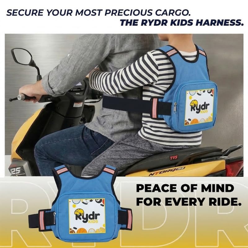 Image of RYDR Premium Motorcycle Safety Harness for Kids (2-12 Years) Adjustable Two-Wheeler Safety Belt for Child Rider with Reflective Strip & Storage Pocket (Blue, with Pocket)