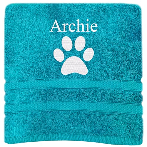 JJLC Personalised Dog Pet Towel Name Paw Print Bath Towel (Turquoise)