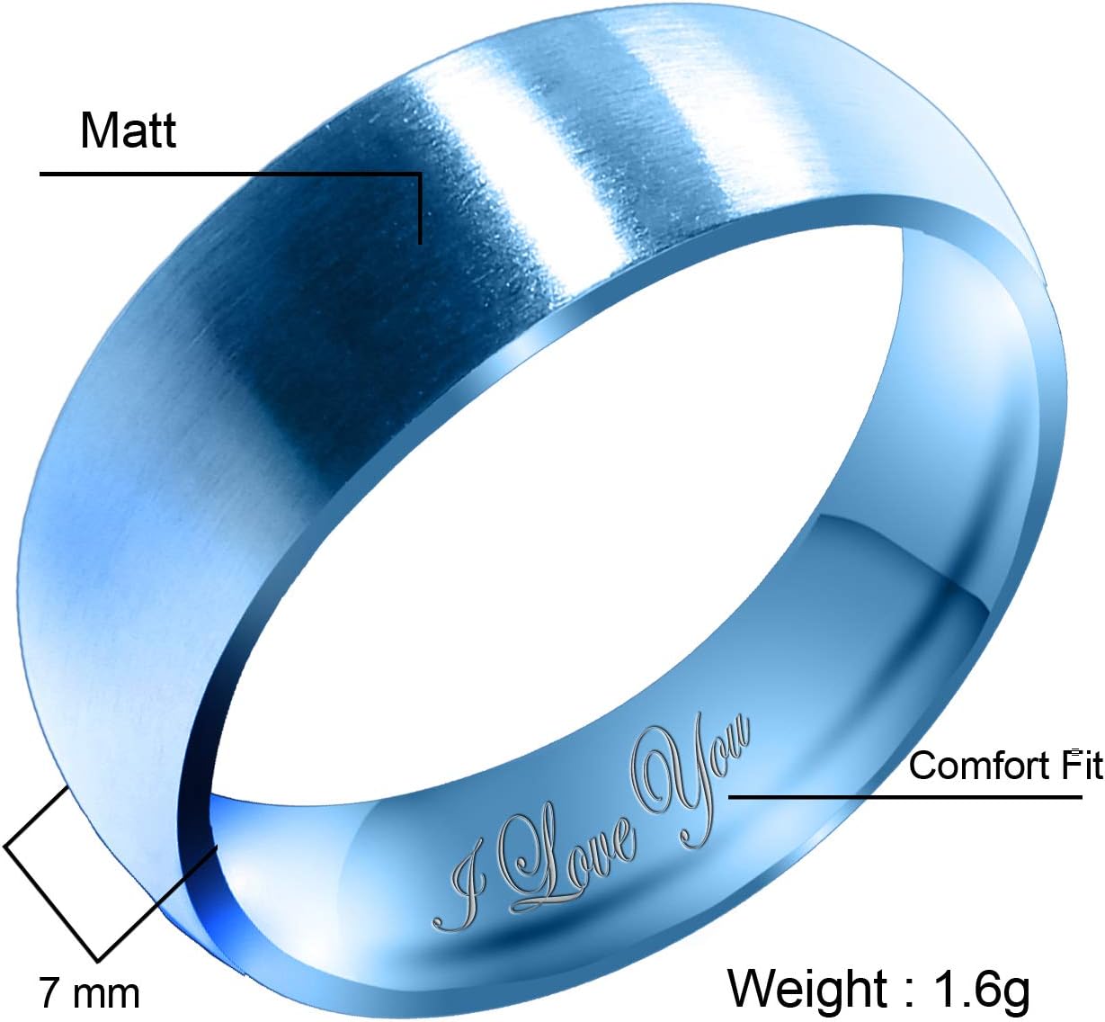 Everstone Women's Matte & Brushed 3MM & 5MM & 7MM Dome Promise Ring Wedding Bands Titanium Ring Color: Blue Engraved I Love You