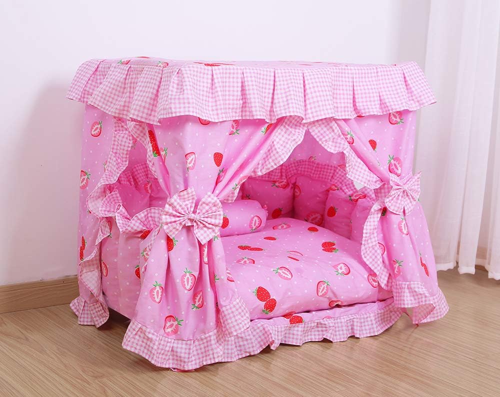 Princess Pink Strawberry Pet Dog Cat Handmade Bed House+1 Candy Pillow Canopy (S)