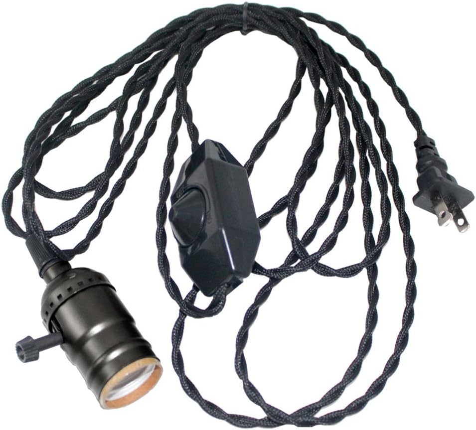 Pendant Light Socket with Dimmer, COLINKIND Vintage Pendant Lamp Holder with 24.6ft Twisted Black Cloth Cord Hanging Light Fixture for Bulb E26/E27 Base, Industrial DIY Projects