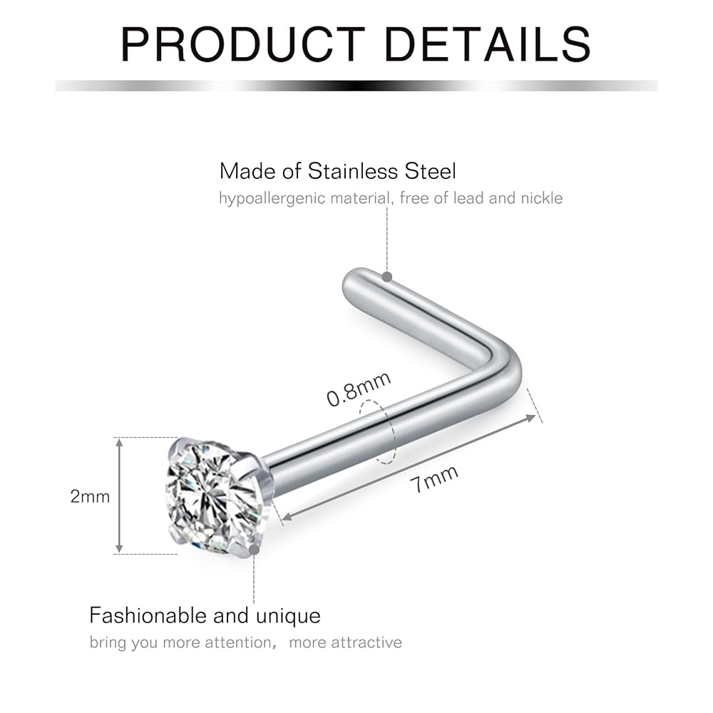 Kit 9 Piercings Nez En L Avec CZ - Acier Inoxydable 316L (Or, 20G/0.8mm)