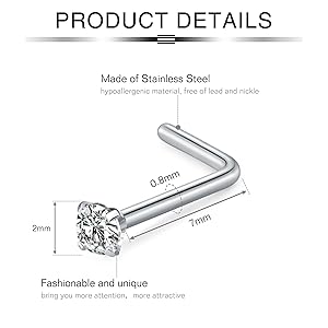 Incaton Nasenpiercing Set 6 Stück - Chirurgenstahl Stecker Mit Zirkonia 0.8mm