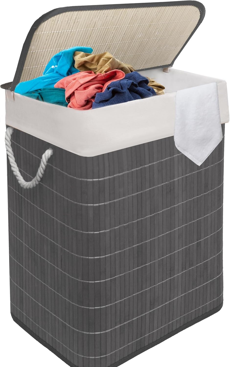Vivaas Grey Bamboo Laundry Basket 105L 2 Divider Laundry Hamper With Lid Foldable Laundry Bin With 2 Compartments For Light And Dark Clothes Removable & Washable Liner Bag For Bedroom & Bathroom (Grey)