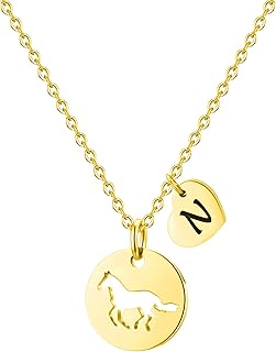 Gold Horse Necklaces for Teen Girls, Horse Gifts for Girls Letter N Necklace for Girls Horse Pendant Necklace Horse Necklace for Kids Horse Gifts for Horse Lovers Horse Jewelry for Teen Girls Gifts, Stainless Steel, No Gemstone