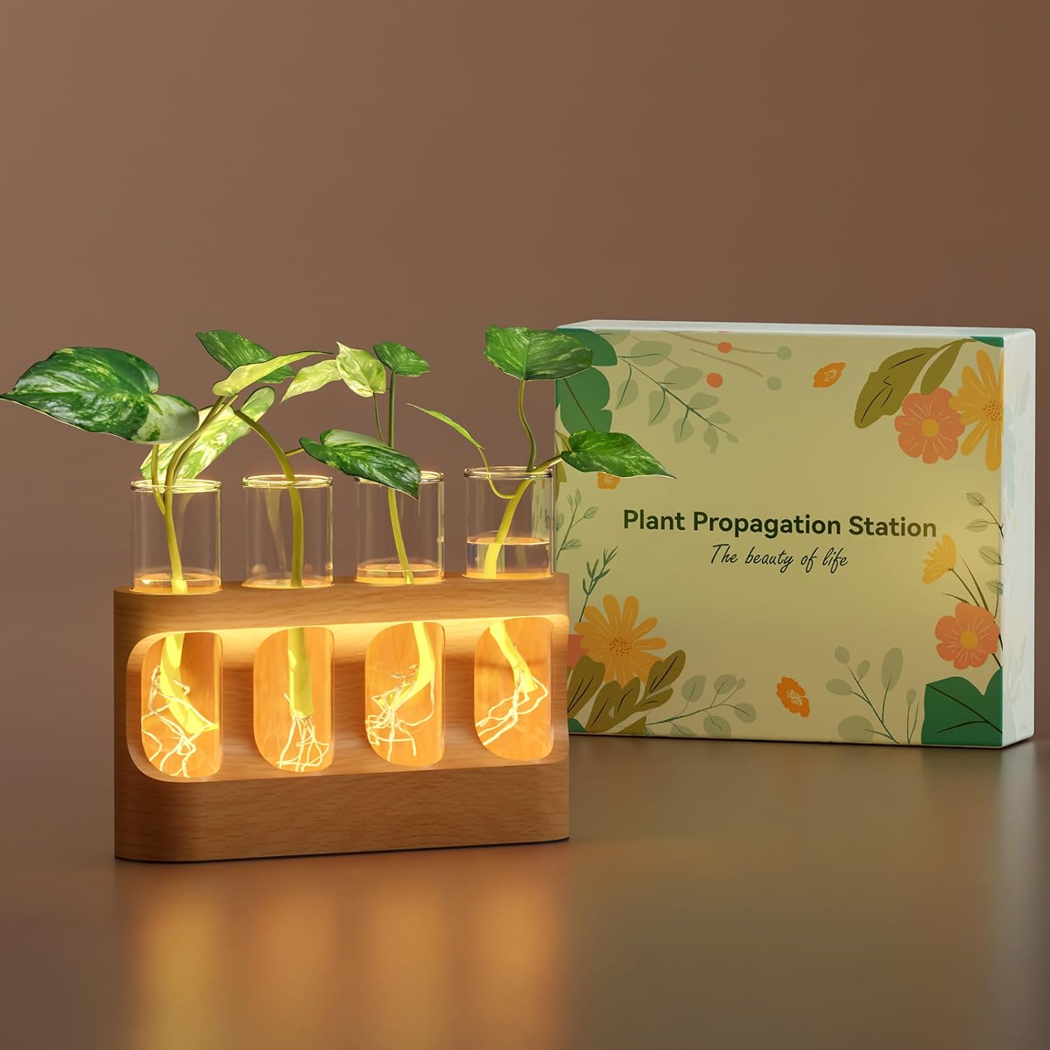 Plant Propagation Station with Wooden Stand, Gardening Gifts for Mom Women Plant Lovers, 9-Level Dimmable LED Light 4 Glass Test Tubes Vases for Hydroponic Plants - Desktop Terrarium for Desk Decor