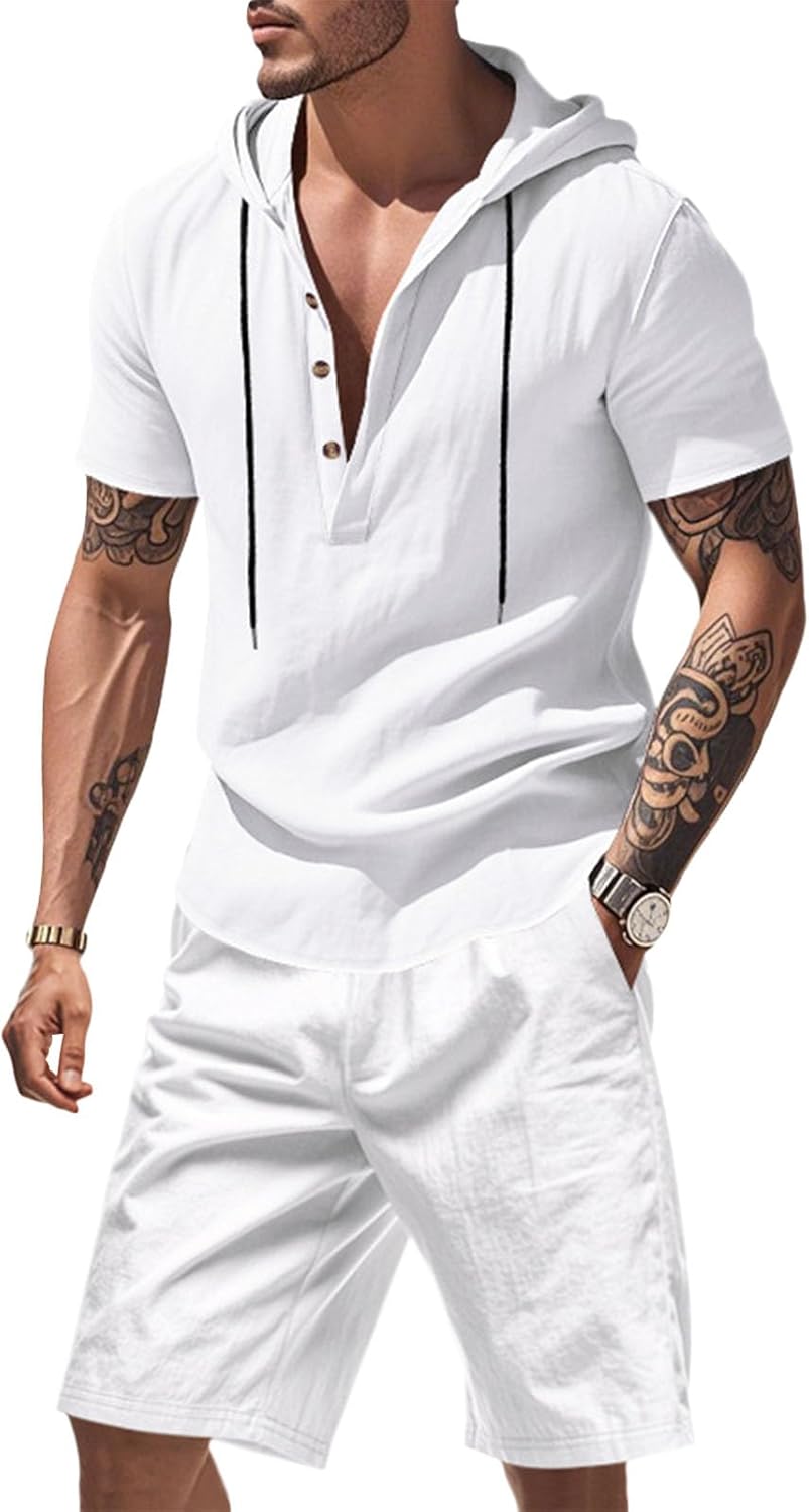 Men’s Short Sleeve Hooded Top 2 Piece Sweatsuits Casual Cotton Linen Shorts Vintage Beach Plain Sets Outfits