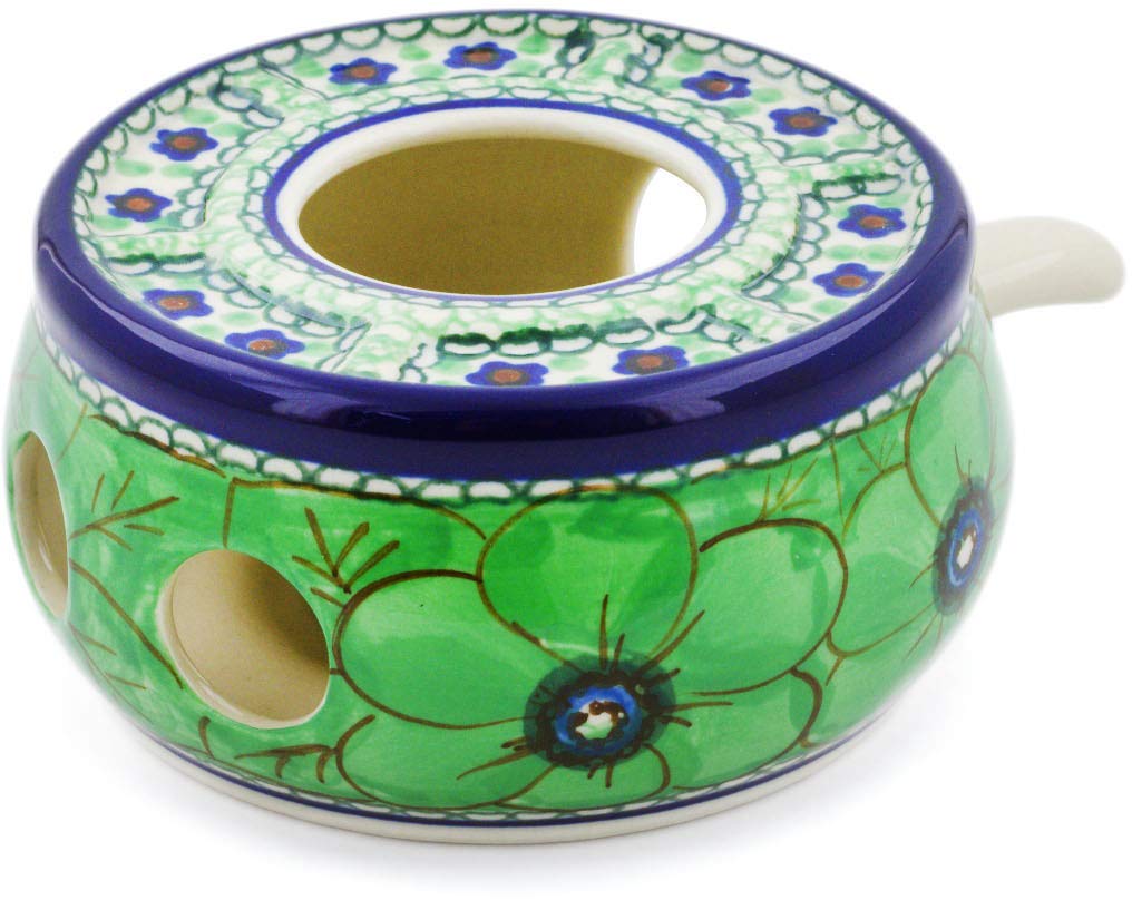 Authentic Polish Pottery Heater Signature UNIKAT in Green Pansies Design Handmade in Boles?awiec Poland by Ceramika Artystyczna + Certificate of Authenticity