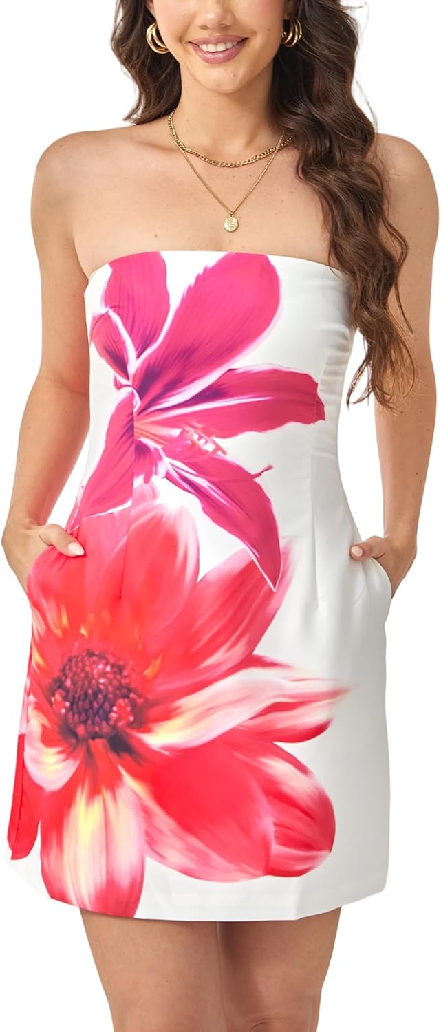 Yulaviniee Women's Floral Strapless Sexy Mini Dress with Pockets Waist Tube Club Party Short Dresses