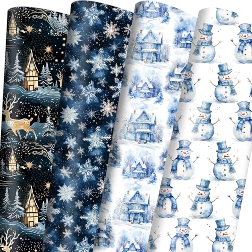 Vnaaem Christmas Wrapping Paper Blue White Winter Gift Wrap Paper Bulk Snowy Woodland Scene...