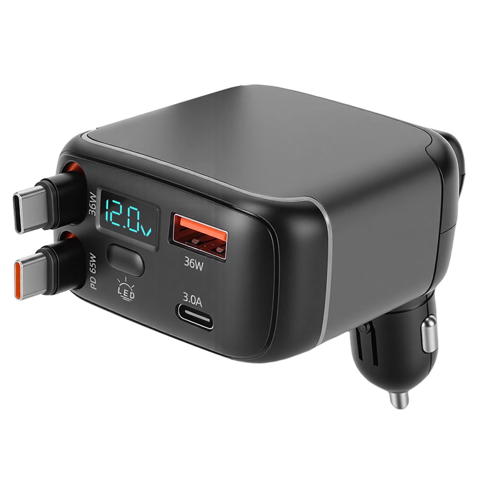 Sorandy Caricabatteria da Auto Retrattile, Cavi PD da 65 W e QC di Tipo C da 36 W con Porte USB C da 3 A e USB A da 36, Ricarica Simultanea di 4 Dispositivi, Compatibile con Telefoni Tablet Laptop