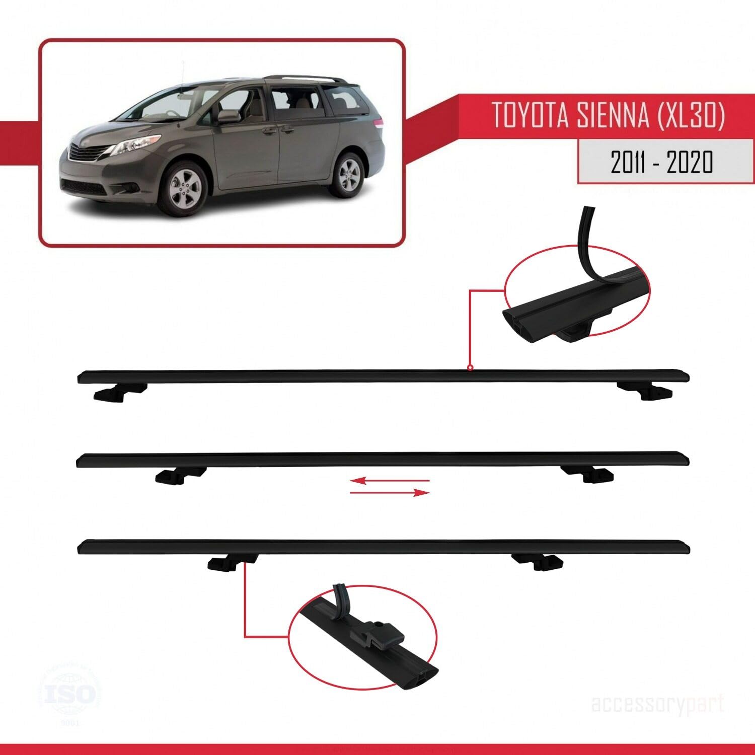 Kompatybilny z Toyota Sienna 3 (XL30) 2011-2020 BASIC Model Aluminiowy bagażnik dachowy 3 poprzeczki, czarne
