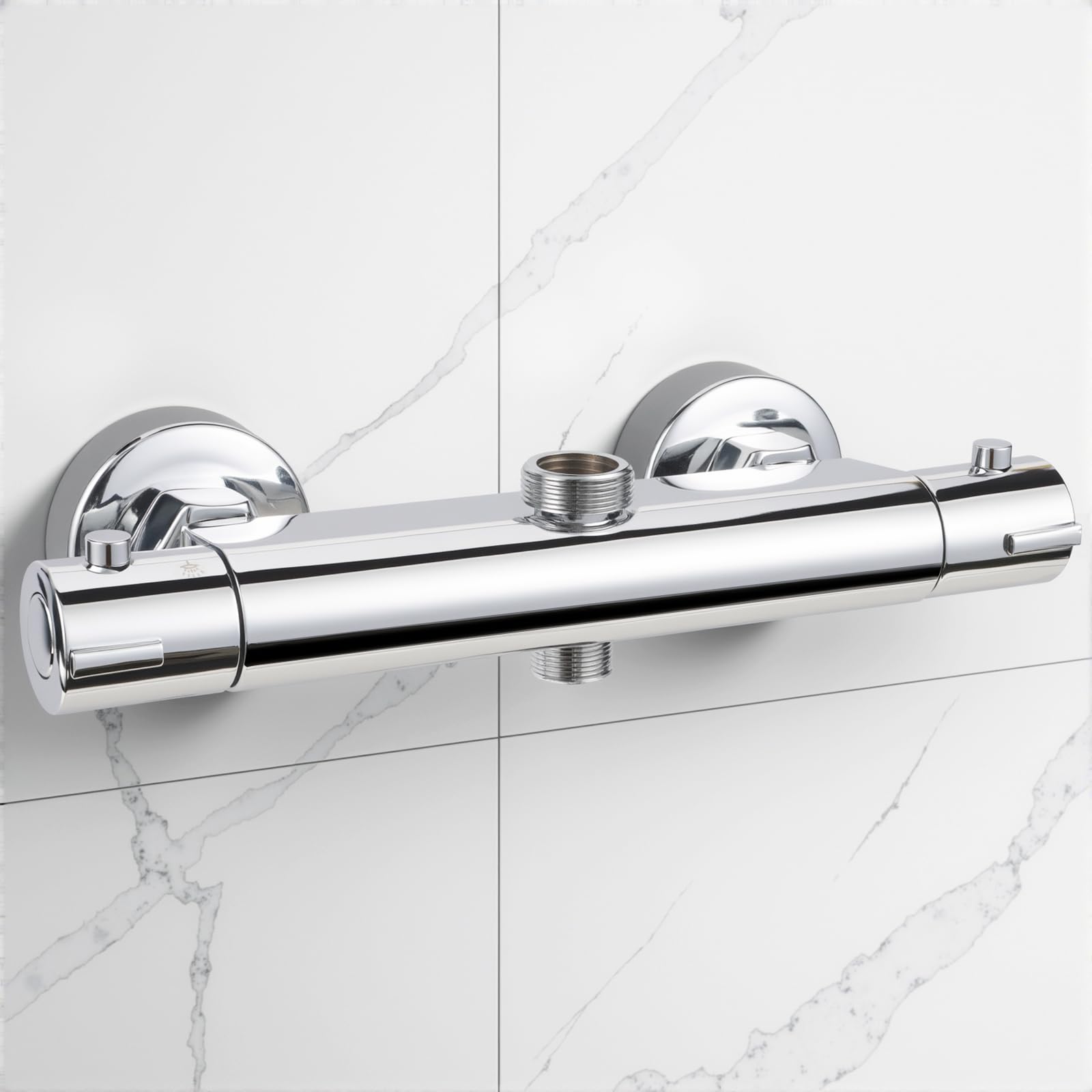 Grifo Termostático Ducha, Termostato Ducha con el Botón de Seguridad, Grifería de Bañera de Pared de 38 ℃, Grifo Ducha Termostatico de Latón Cromado de Salida Superior de 3/4" Inferior de 1/2"