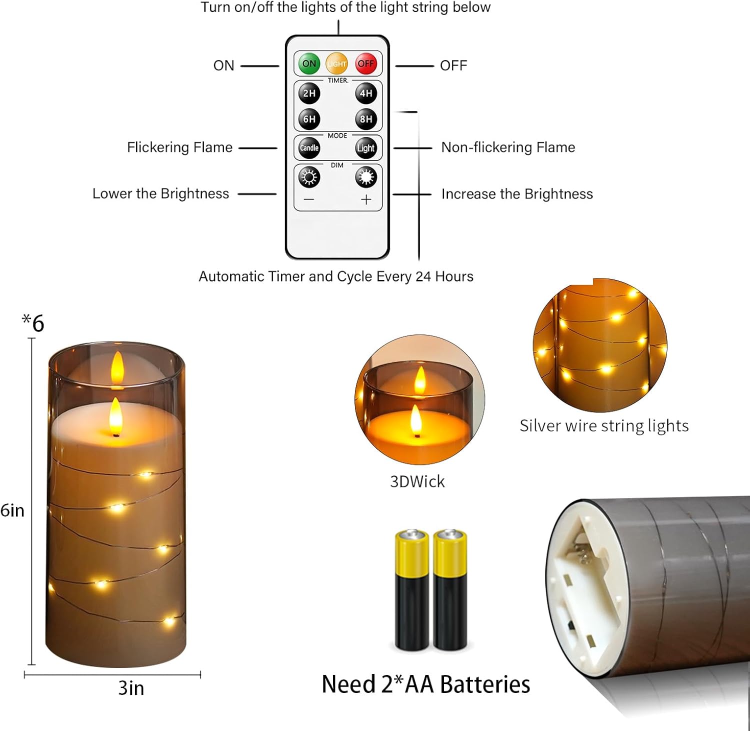 Flickering Flameless Candles with Remote Timer, 6pcs LED Battery Operated Candles with Embedded String Lights Grey, D3 H6