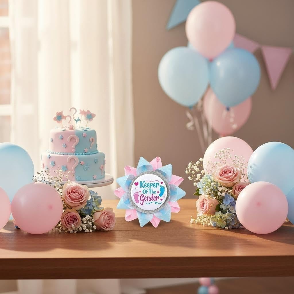 Keeper of The Gender Button Pins Gender Reveal Party Favors Buttons Light Blue and Pink Ribbon Pins for Reveal Party Decorations