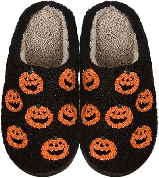 Women's Men's Halloween Pumpkin Slippers Fuzzy Cat Slippers with Soft Memory Foam Cartoon Plush Fluffy Warm Fur Lined Slippers