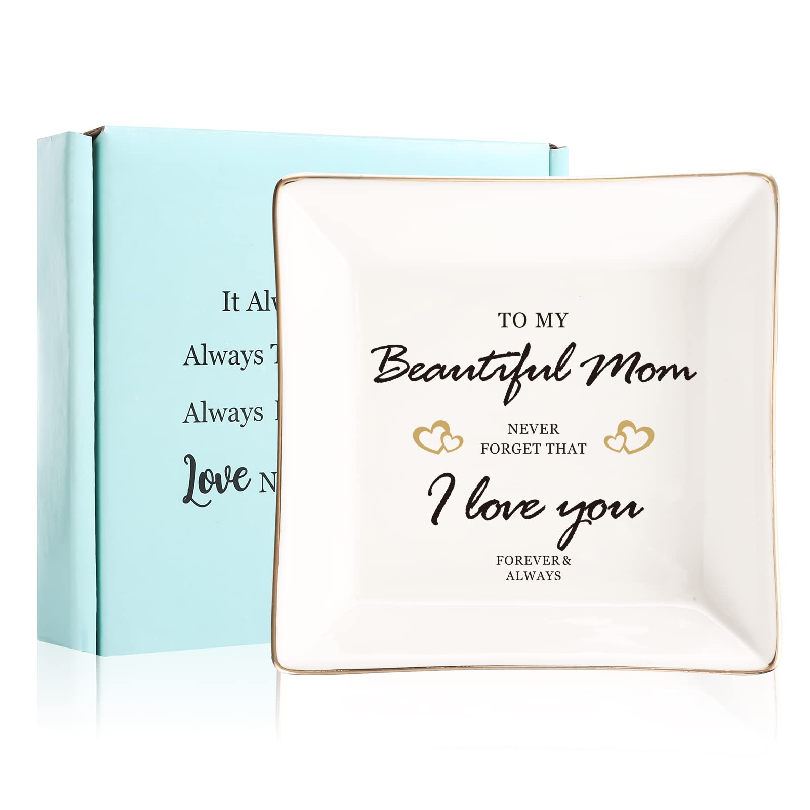 JOYIMARRJOYIMARR I Love You Mom Ceramic Ring Dish,Mother’s Day Birthday Valentine's Day Gifts For Mom - Beautiful Mom, Never Forget I Love You