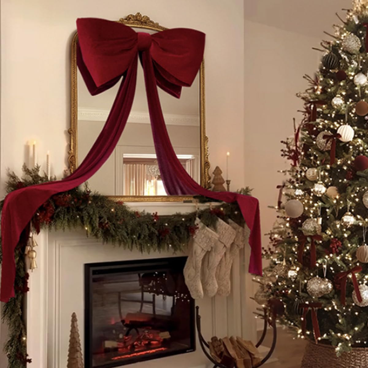 Lazo Gigante para árbol - 180 cm de Largo, de Tela, no se deforma. Ideal para Decorar árboles, Cortinas, Puertas y Fiestas, champán