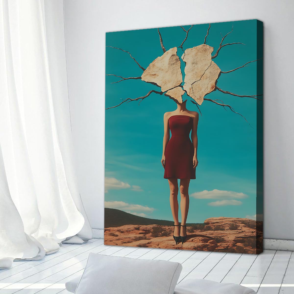 Damska surrealistyczna bordowa sukienka obraz na płótnie 60 x 90 cm