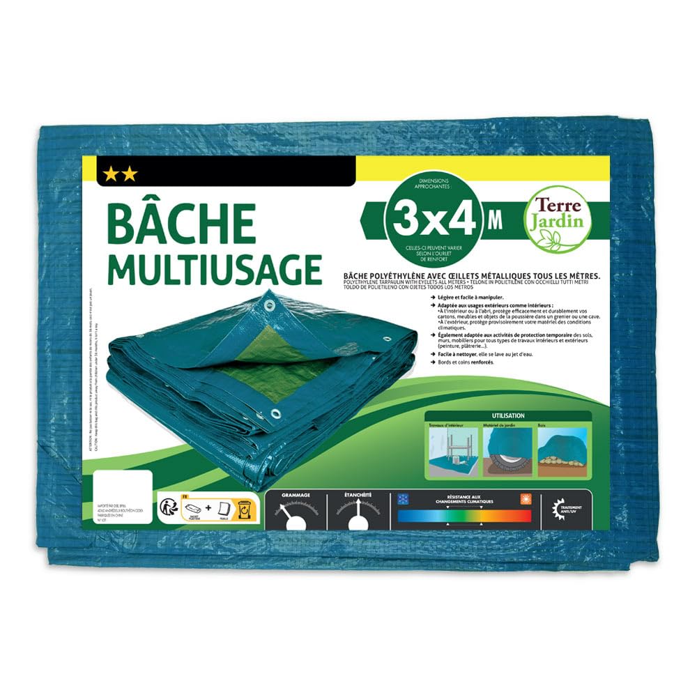 TERRE JARDIN - Bâche de Protection Extérieur, 6 x 10 m - Bâche Multi-Usage Résistante, Polyéthylène 70 g/m², Anti UV - Bâche pour Bois de Chauffage - Œillets en Aluminium - 6 x 10 - Bleu