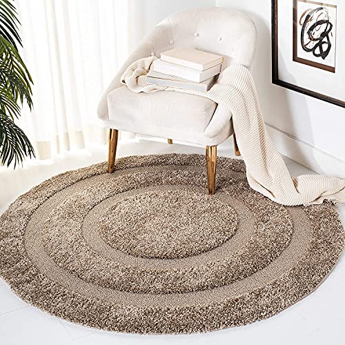 Image of Rectangular Box Round Shaggy Carpet for Living Room, Bedroom, High Low Design Finish Microfiber 1.8 Inch Pile High, 8x8 Feet Beige|Beige Color